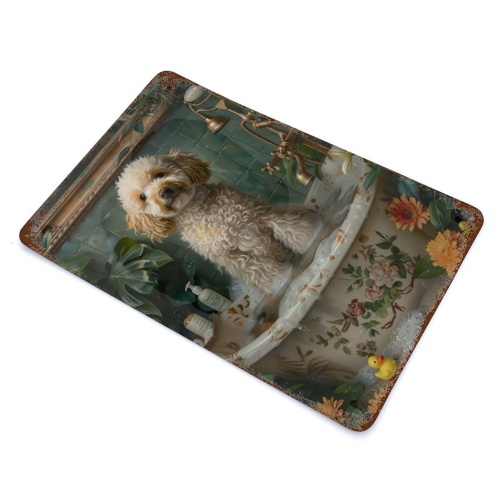 Poodle Dog in A Bathtub Vintage Rust Metal Sign 11.8"x7.9", Shabby Chic Decor for Garage, Pub Or Kitchen