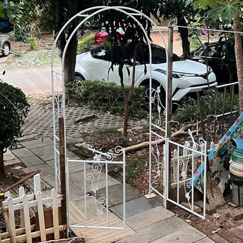ガーデンアーチ ゲート付き 錆びない パイプ径16MM ローズアーチ 耐候性 玄関 庭のアーチパーゴラ 組み立てかんたんフラワーアーチ 幅110×高さ215×奥行37cm 園芸棚支柱 耐候性 バラアーチ(White)