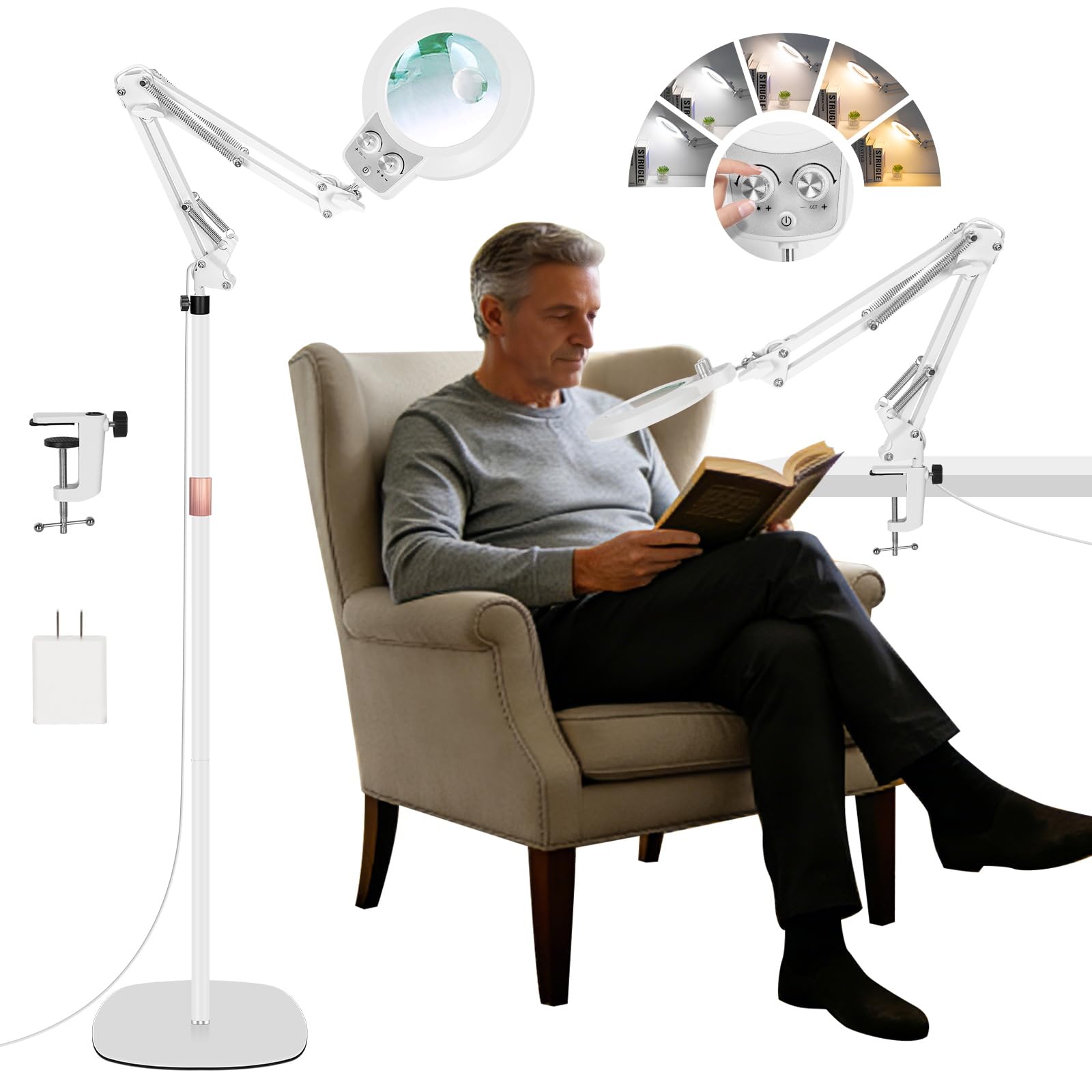 Lupa de suelo grande de 30 x 12 aumentos con luz y soporte, lámpara de aumento de suelo de altura ajustable, color infinito regulable, lámpara de lupa iluminada 4 en 1 para trabajos cercanos, lectura