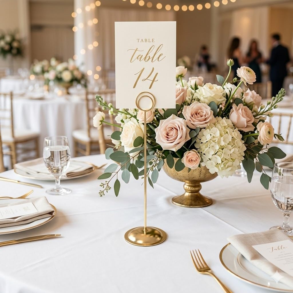 HOHIYA Soporte para Números de Mesa, 12 Porta Tarjetas Dorados de Metal para Bodas, Recepciones y Eventos, Ideal para Menús, Fotos, Nombres de Invitados y Decoración