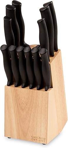 Chicago Cutlery Belmont - Juego de cuchillos de cocina (13 piezas) con cuchillos de carne y bloque de madera, asas ergonómicas de polímero y juego
