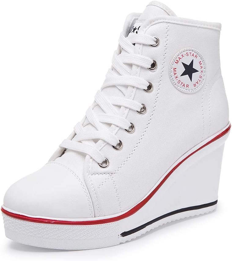 Women's Wedges Sneaker High-Heeled Canvas Shoes Platform High Top Fashion Walking Sneakers (7-7.5 B(M) US/38EU, White)