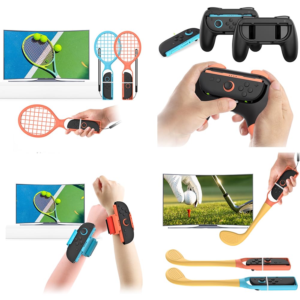 LYEAA 24 w 1 pakiet akcesoriów sportowych do zestawu rodzinnego Switch2 z rakietami tenisowymi klubami golfowymi Paski do nóg piłki nożnej