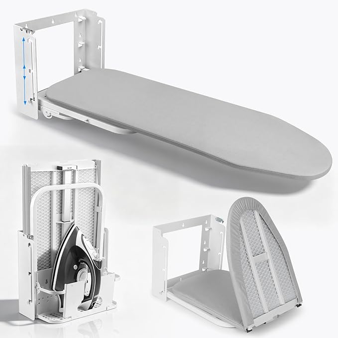 Wall Mounted Ironing Board Height Adjustment with Iron Holder, 36 x 12 Inch Fold Down Ironing Board Wall Mount Space-Saving Iron Board with Removable Heat Resistant Cover for Laundry Room, Home