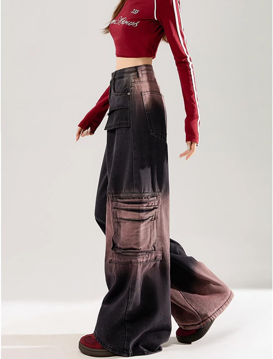 Fashion Gothic Straight Jeans Casual Tie-Dye Patchwork Multipocket High Waisted Baggy Y2K Denim Pants - Image 4