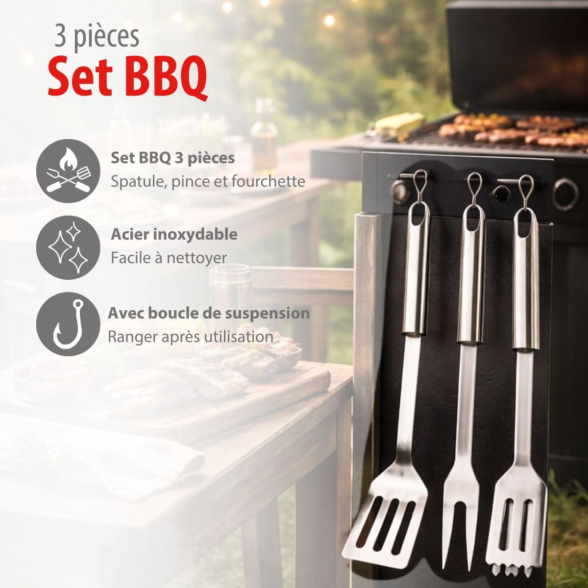 Alpina Kit Barbecue Ustensiles 3 Pièces - Pince et Spatule Acier Inoxydable - Fourchette à Viande Argent