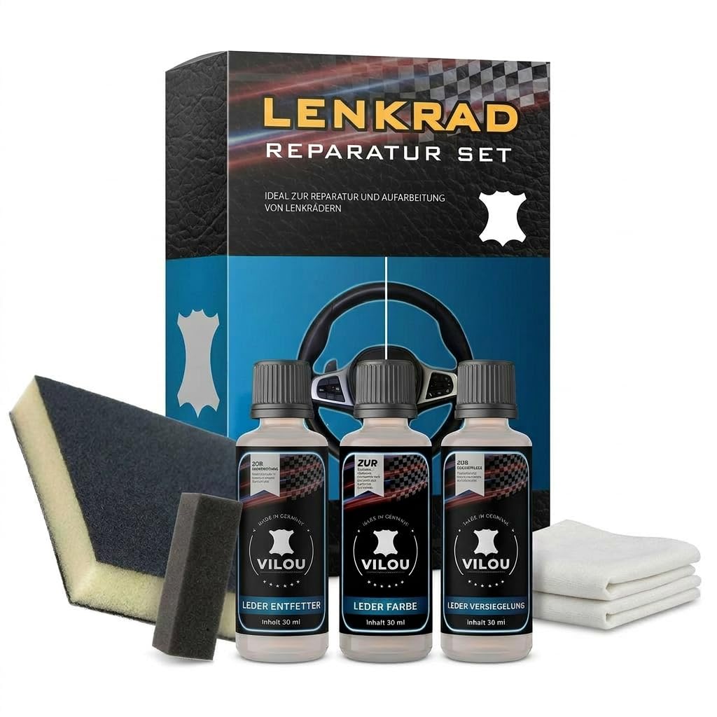 Leder-Lenkrad-Reparatur-Set Schwarz [KOMPLETT SET] - Professionelles Leder Reparatur Set auch für Möbel & Autositze, Kunstleder - direkt vom Hersteller - Made in Germany seit 1999 (matt)