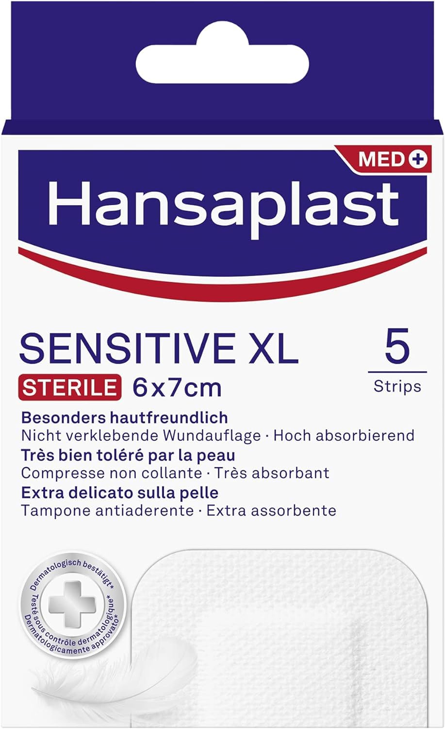 Hansaplast Cerotti SENSITIVE XL, Cerotti medicazione per la protezione di ferite medio-​grandi, Ipoallergenici, sterili senza lattice, 1 Confezione da 5 Pezzi 6 x 7 cm