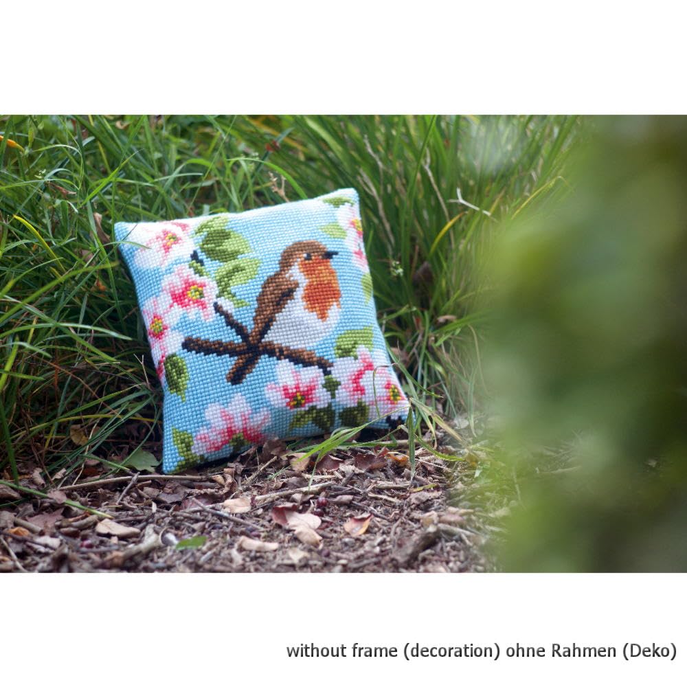 VERVACO Kit Cuscino Punto Croce PETTIROSSO E FIORI Set Ricamo Principianti Cuscini Gobelin Decorativi ca. 40 x 40 cm Accessori Per Lavoretti Creativi DIY Casa Decor Hobby Adulti Cross Stitch
