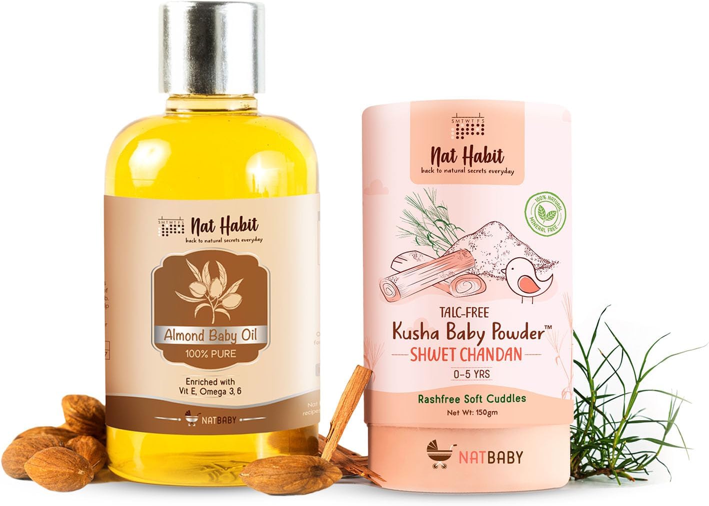 Nat Habit Pure Almond Baby Oil (100ml) & Shwet Chandan Baby Powder (150gm) - Essential Baby Care Combo For Daily Massage, Healthy Nourishment, Chemical & Preservative-Free (Combo Pack of 2)