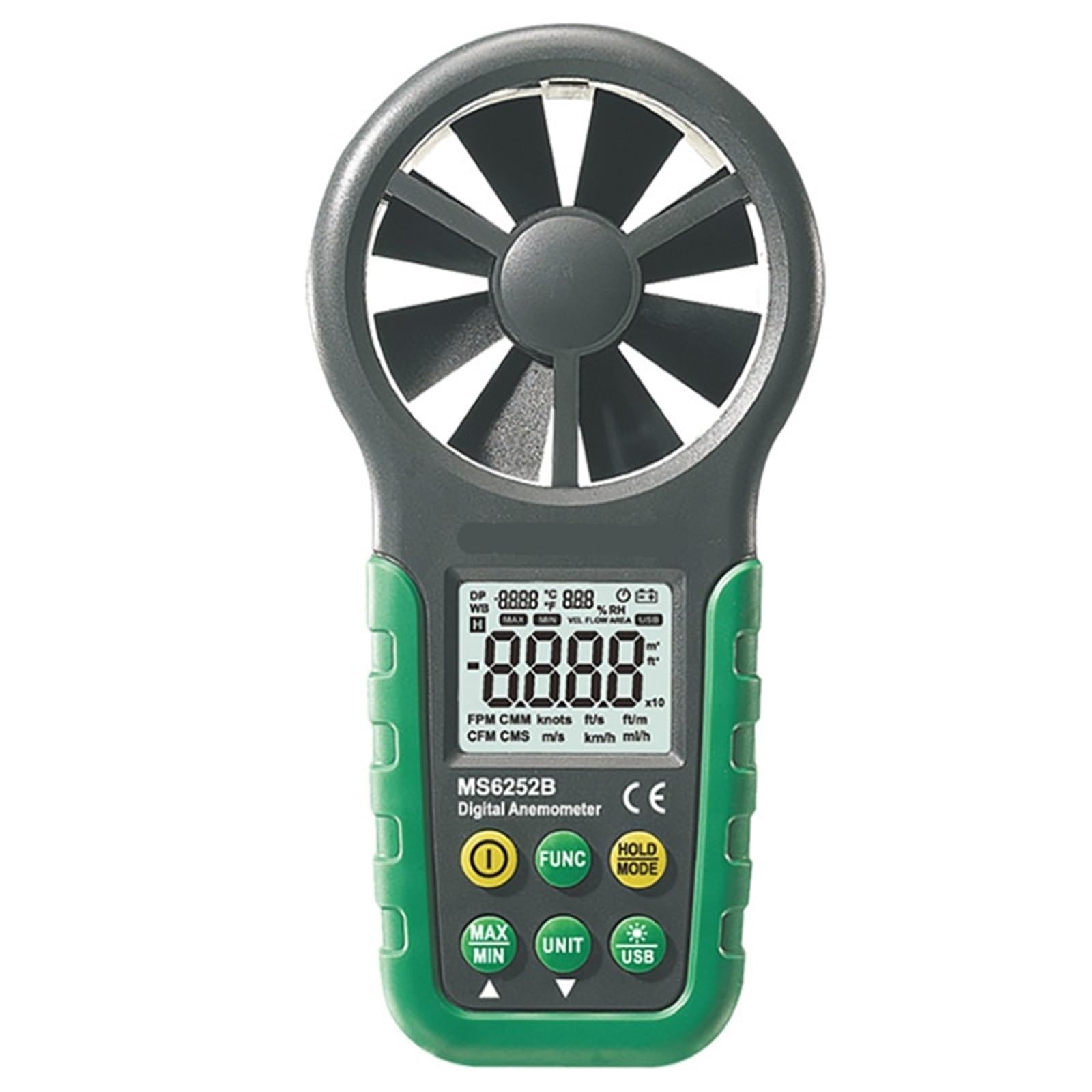 Anemómetro, Anemómetro digital LCD electrónico, medidor de velocidad del viento y volumen de aire con pantalla de temperatura y humedad.