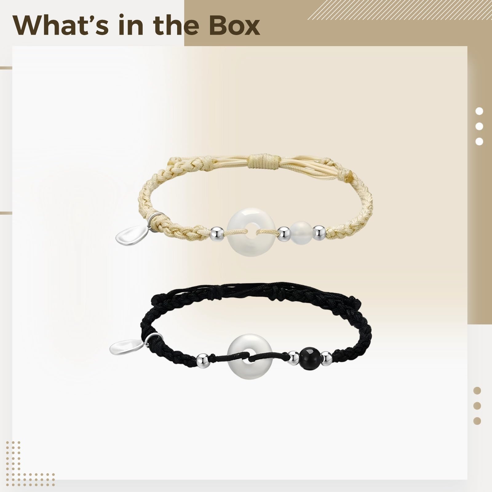 2 Stk. Armband-Set aus Sterlingsilber, Partnerarmbänder mit verstellbarem Band und Sicherheitsverschluss, beige und schwarz geflochtenes Seil, Geschenk zum Jahrestag und Valentinstag für Freundin