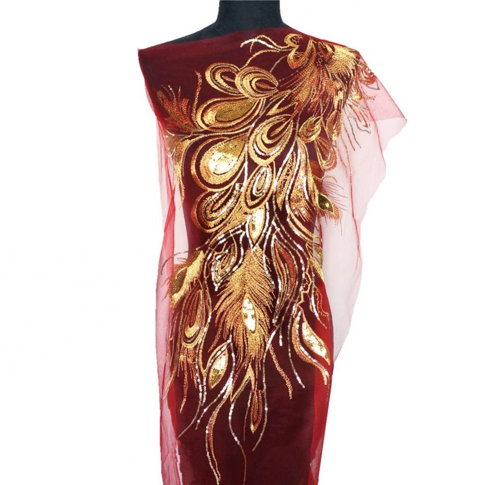 Ericetion Style2 Sequin Phoenix Feather Applique 1Pc Wedding Gown Mesh Gauze Lace Trim Peacock Sewing Patch Diy Embroidery Accessories