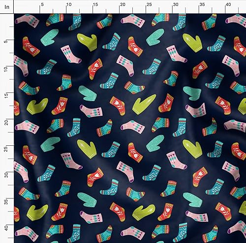 Image of Soimoi Blue Poly Georgette Fabric Socks & Gloves Folk Art Print Fabric by Meter 52 Inch Wide
