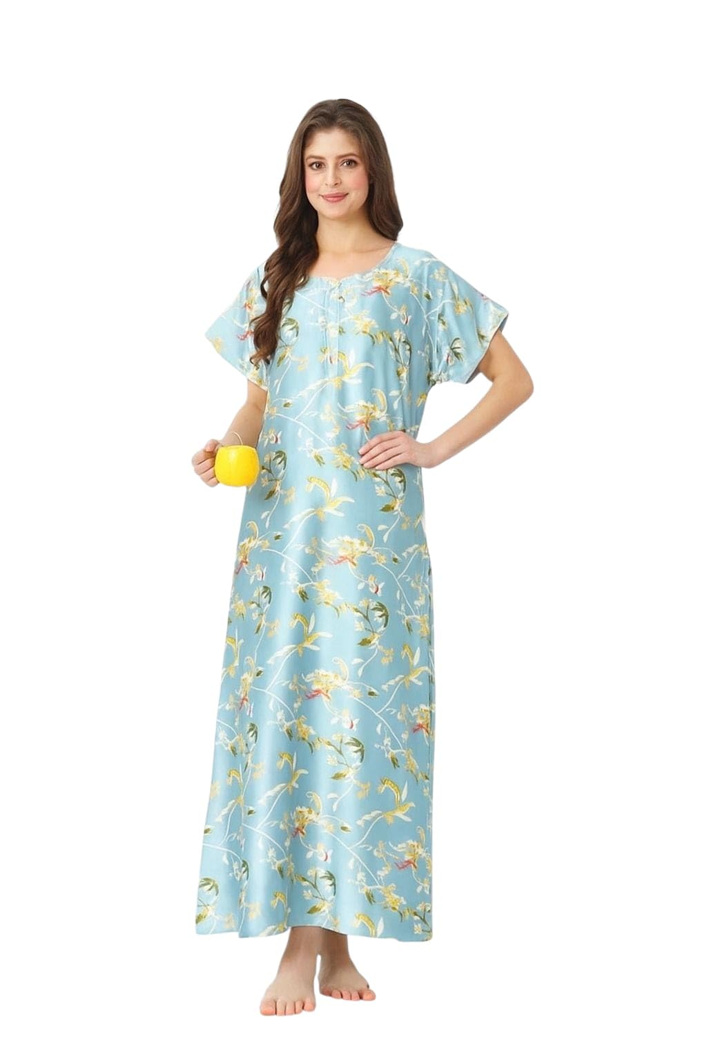 malaq Soft Imported Italian Satin Floor Length Nighty |Fabric Blue-picture-12