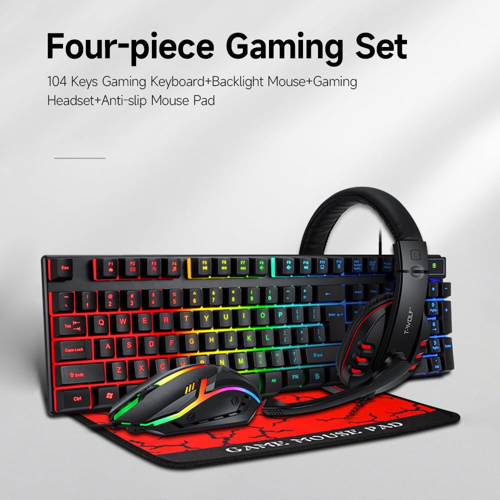 Hanzete TF800 Quattro Pezzi Gaming Combo Tastiera 104 Tasti Mouse Luce Respirante 4 colori Headset Gaming Tappetino per Mouse Antiscivolo