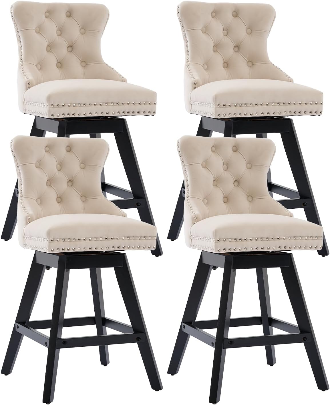 Shenyon Modern Swivel Bar Stools Set of 4, Upholstered Velvet Counter Height Bar Stool with Back, Solid Wood Legs, 26 Inch Seat Height, Kitchen Counter Stools for Kitchen Island, Beige