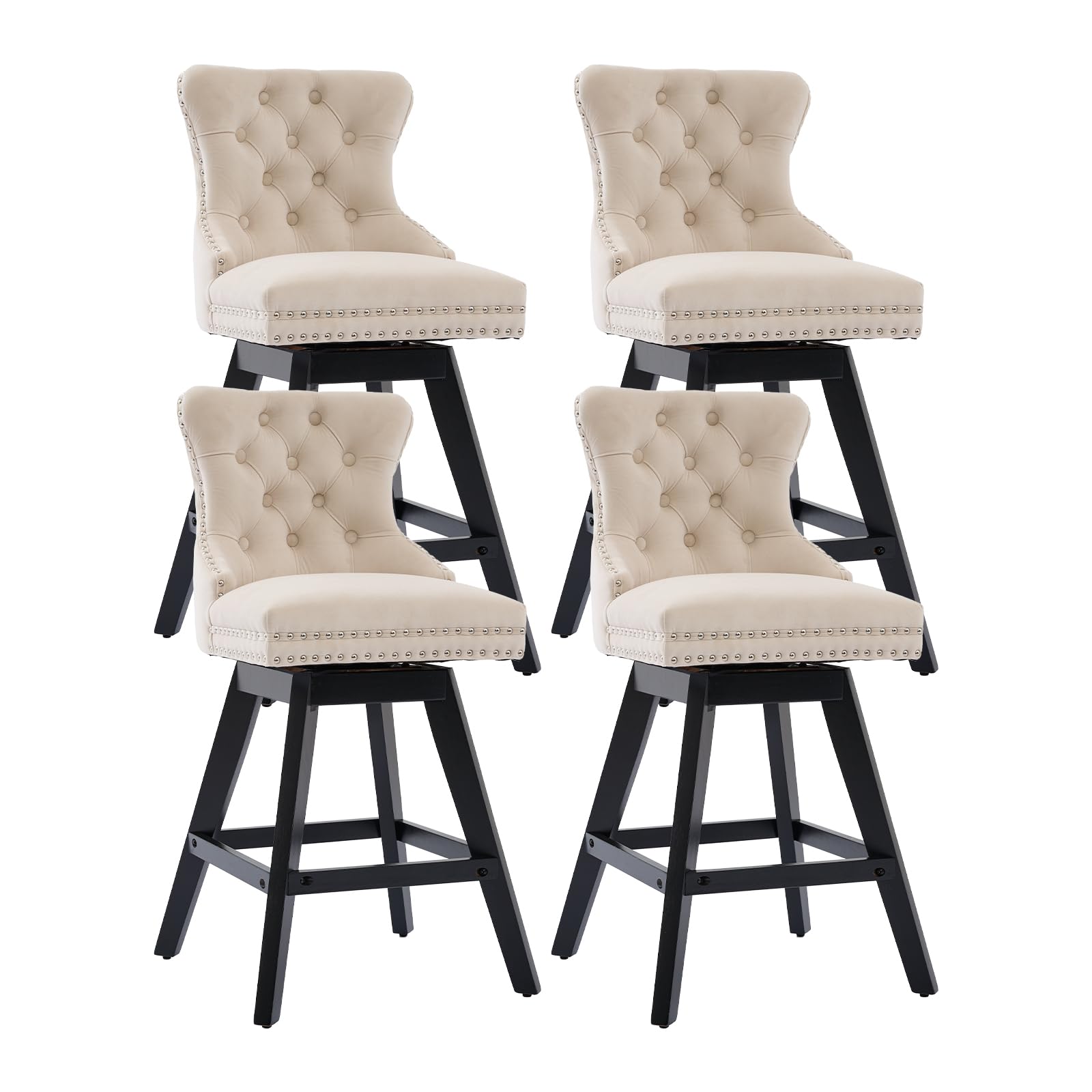 Shenyon Modern Swivel Bar Stools Set of 4, Upholstered Velvet Counter Height Bar Stool with Back, Solid Wood Legs, 26 Inch Seat Height, Kitchen