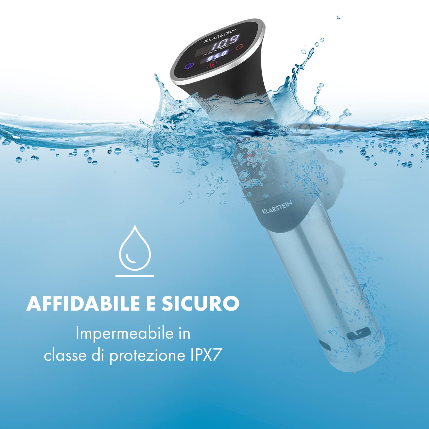 KLARSTEIN Quickstick Smart - Circolatore per Sous Vide, 3D Circulation, Controllo con App, Display Touch, Temperature: 20-95 °C, Timer, 1200 Watt, Volume: 10-15 L, Immersione Minima: 11 cm, Nero