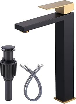 ARCORA Vessel Sink Faucet Black and Gold, Single Handle Tall Bathroom Faucet, Single Hole Lavatory Vanity Mixer Tap with Pop Up Drain and Faucet Supply Lines