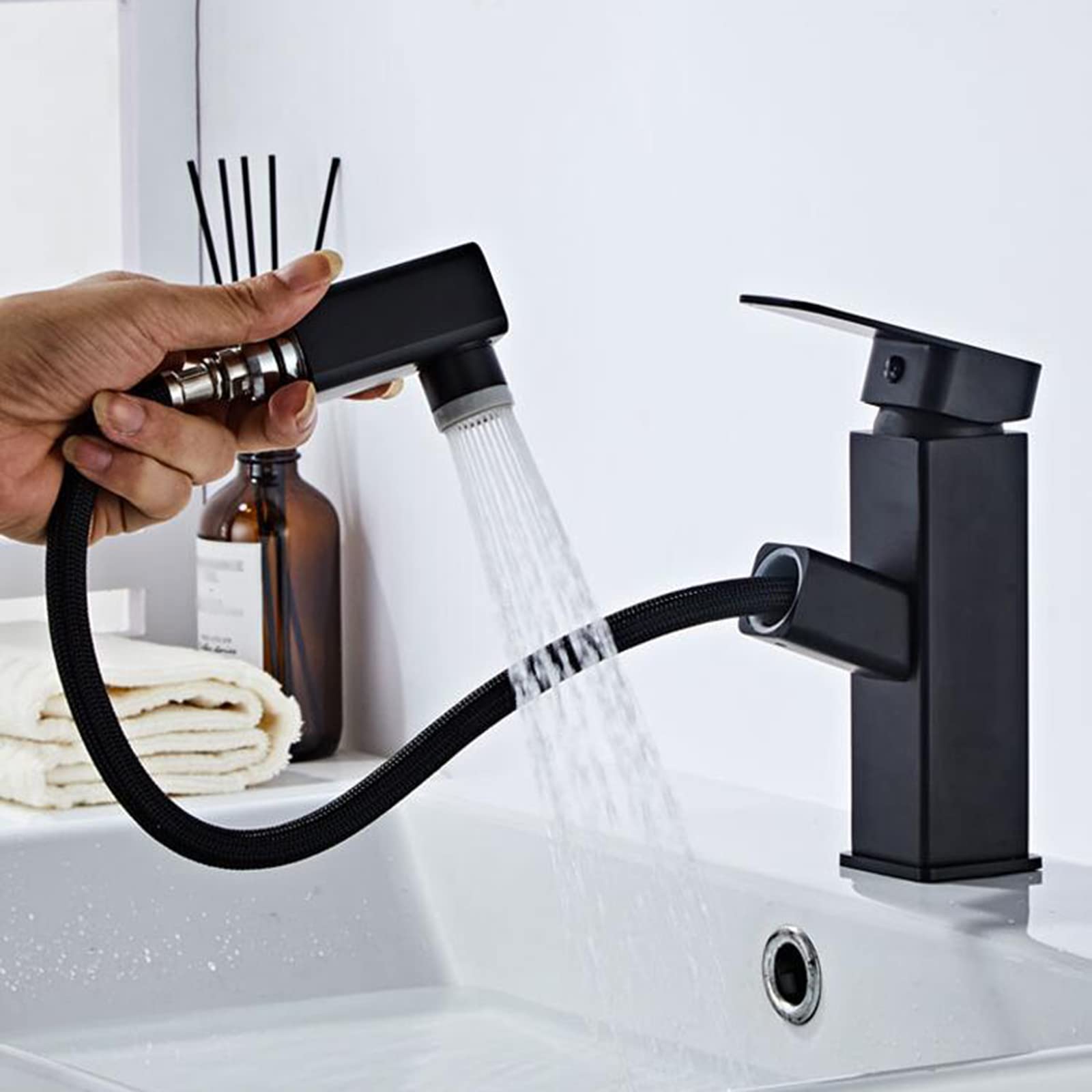 Generico Rubinetto da Bagno con Miscelatore Estraibile per Lavello da Cucina/Bagno 2 modalità di Getto Miscelatore per Lavabo da Bagno con Doccetta Nero-A