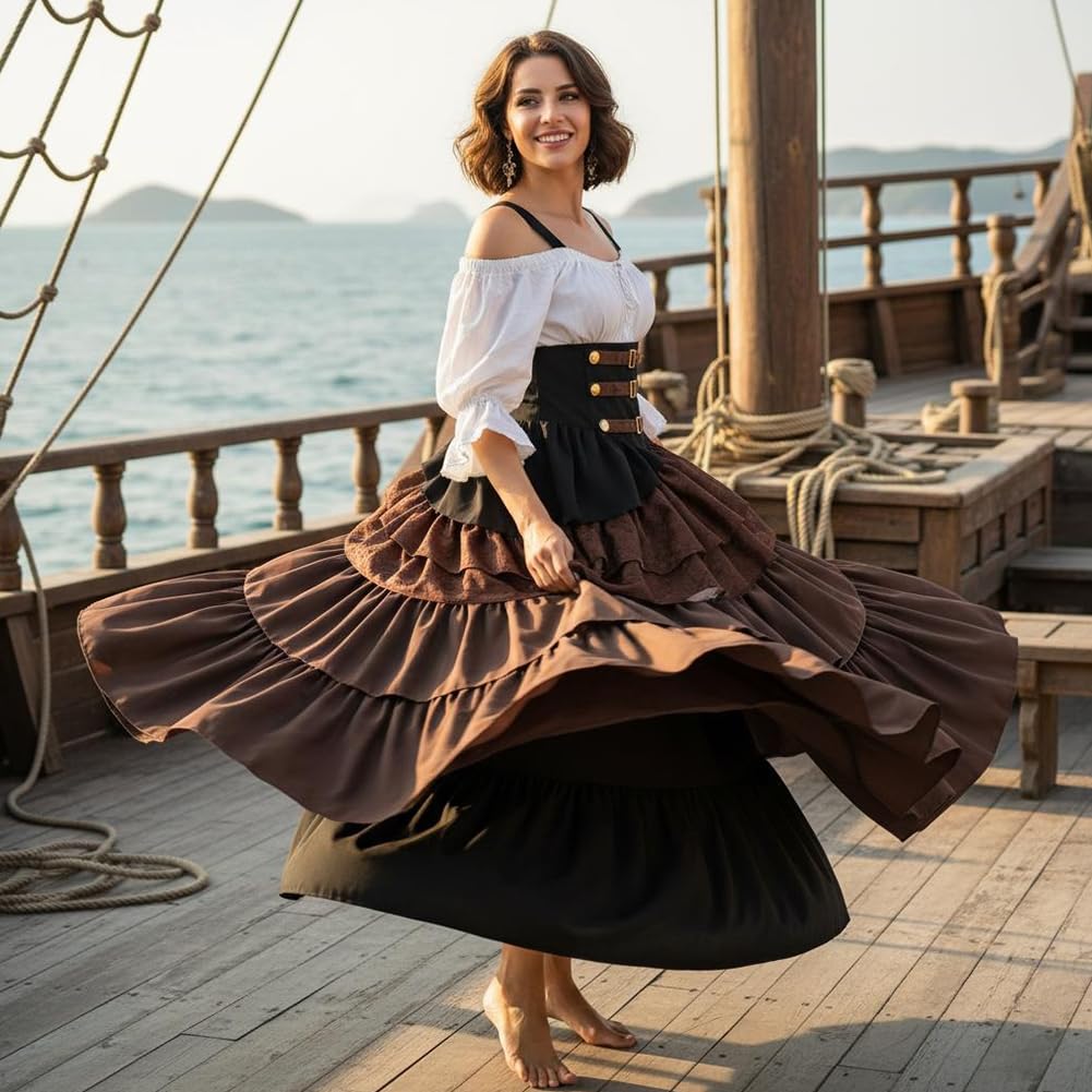 Wiktoriańska gotycka spódnica z falbanami, damska spódnica do cosplay, pirata, steampunk, kostium na renesansowe targi, koncerty halloweenowe