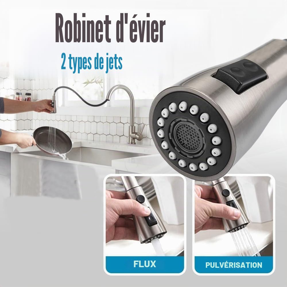Mitigeur de cuisine extensible en acier inoxydable. 3 fonctions : 2 jets et pause. Robinet extractible pour évier.