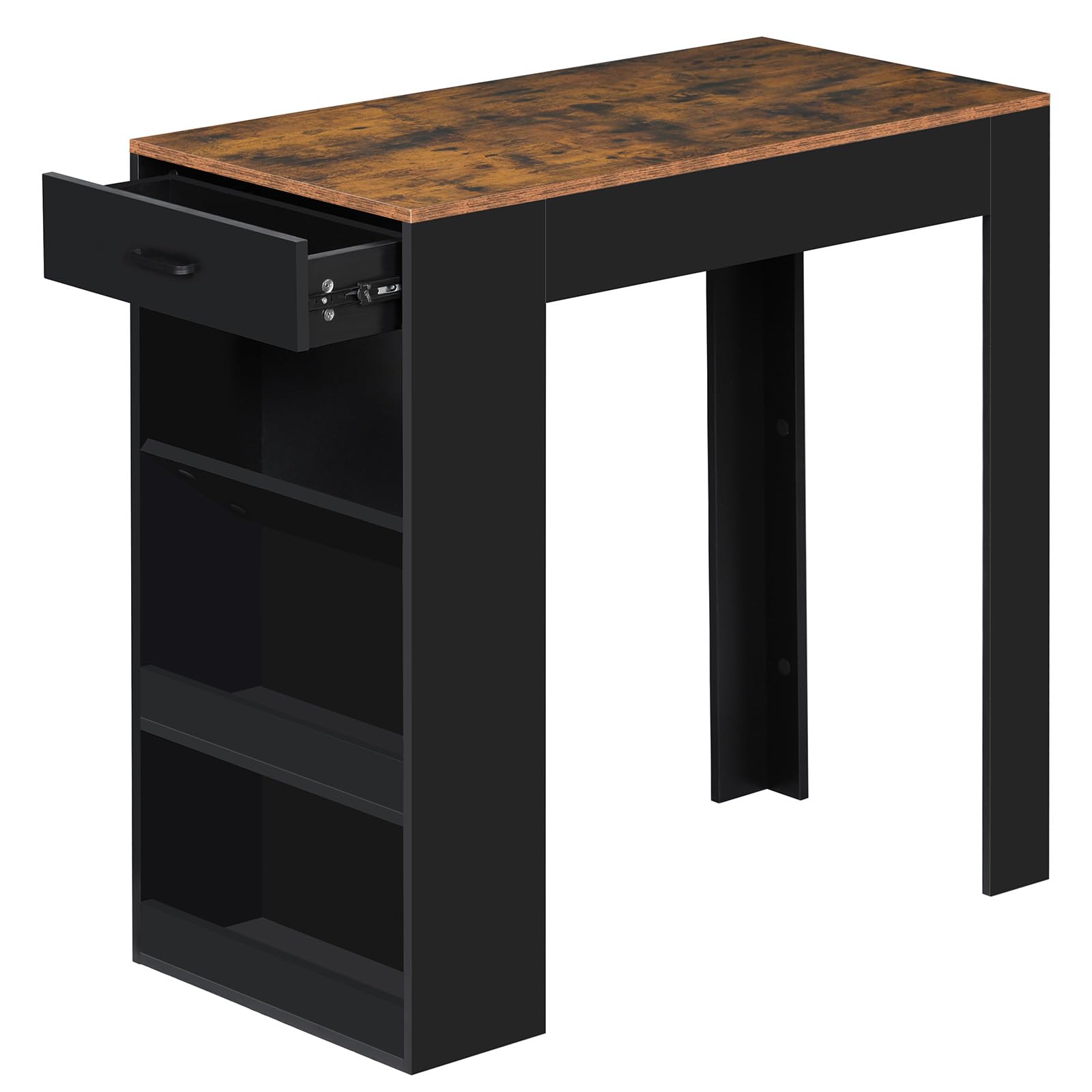 WOLTU Tavolo da Bar, Bancone da Bar con 1 Cassetto e 3 Ripiani, Tavolo Penisola per Cucina, Pub, Bistrot, Legno Ingegnerizzato (Senza assi di legno, Rustico + Nero, 100 x 50 x100 cm)