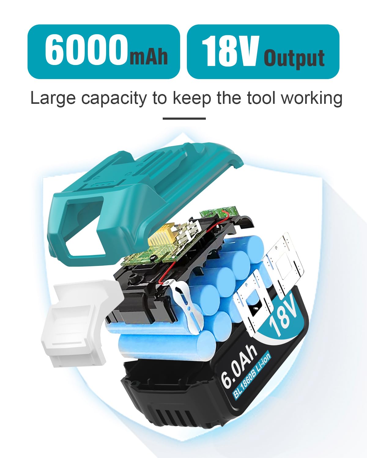Ricambio aggiornato da 6,0 Ah per batteria Makita 18 V, confezione da 2 con caricabatterie, compatibile con utensili elettrici Makita da 18 V, nero