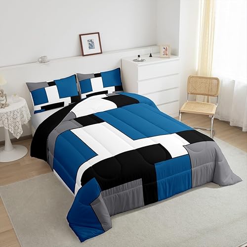 Miniatura 4 de Juego de edredón cuadrado para niños y niñas, juego de ropa de cama azul, gris, blanco y negro, edredón acolchado con estampado moderno y 2 fundas