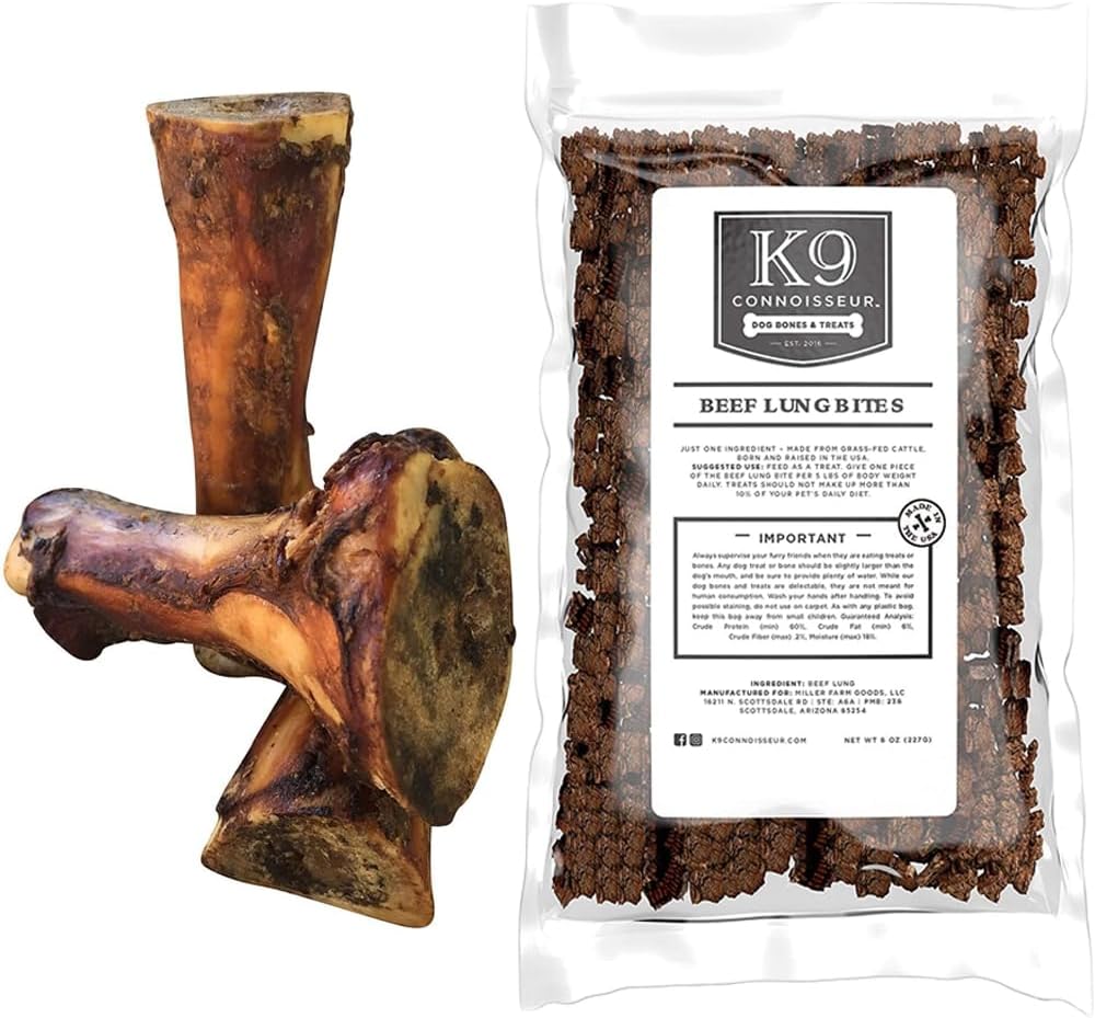 K9 Connoisseur Single Ingredient Dog Bones Made in USA for Large Breed Aggressive Chewers Natural Long Lasting Meaty Mammoth Marrow Bundled with Slow Roasted Beef Lung Bites