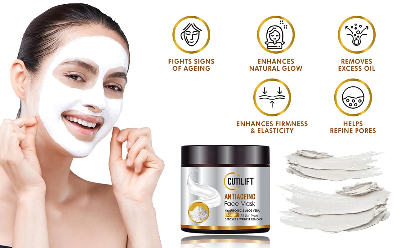 Cutilift AntiAgeing Face Mask with Hyaluronic Acid Hydrating Clay Mask for Wrinkles, Fine Lines & Skin Firming – Deep Cleansing & Moisturizing 120gm 1