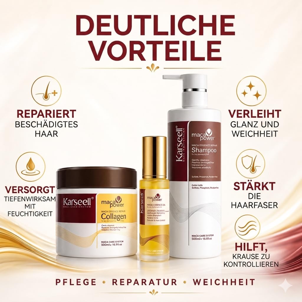 Karseell MACA CARE SYSTEM Set Kollagen Maske 500ml + Arganöl 50ml + Shampoo 500ml Haarreparatur Profi Feuchtigkeitspflege Anti-Frizz Glanz-Effekt Trockenes Strapaziertes Haar Maca-Essenz Komplett-Kur