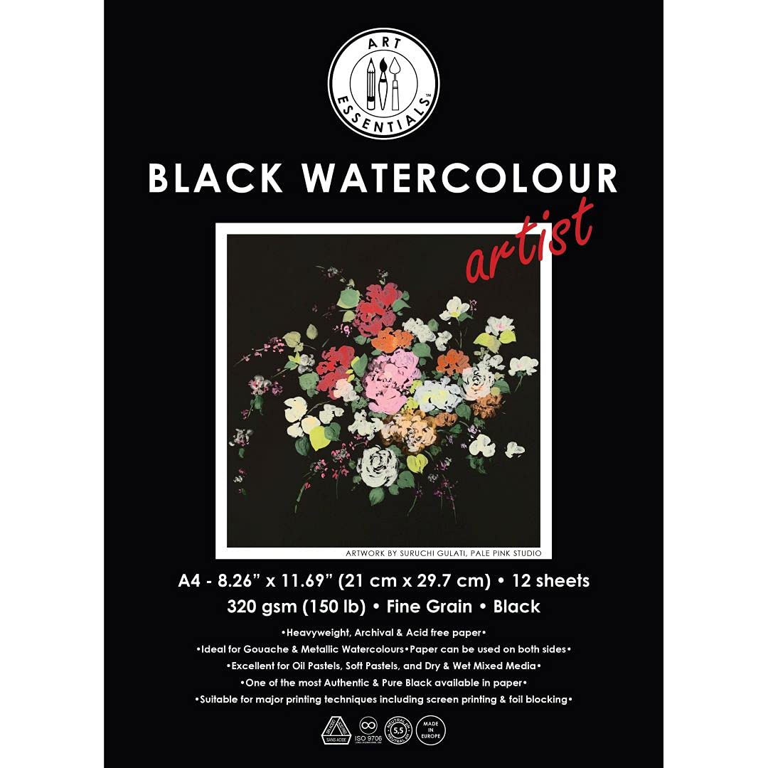 Art Essentials Black Watercolour Artist A4 Black Fine Grain/Vellum 320 GSM, Pad of 12 Sheets, Acid Free Papers for Metallic Watercolor, Gouache, Poster Colour, Tempera, Opaque Inks, Acrylic (B09DTB2Z89) Amazon Price History, Amazon Price Tracker