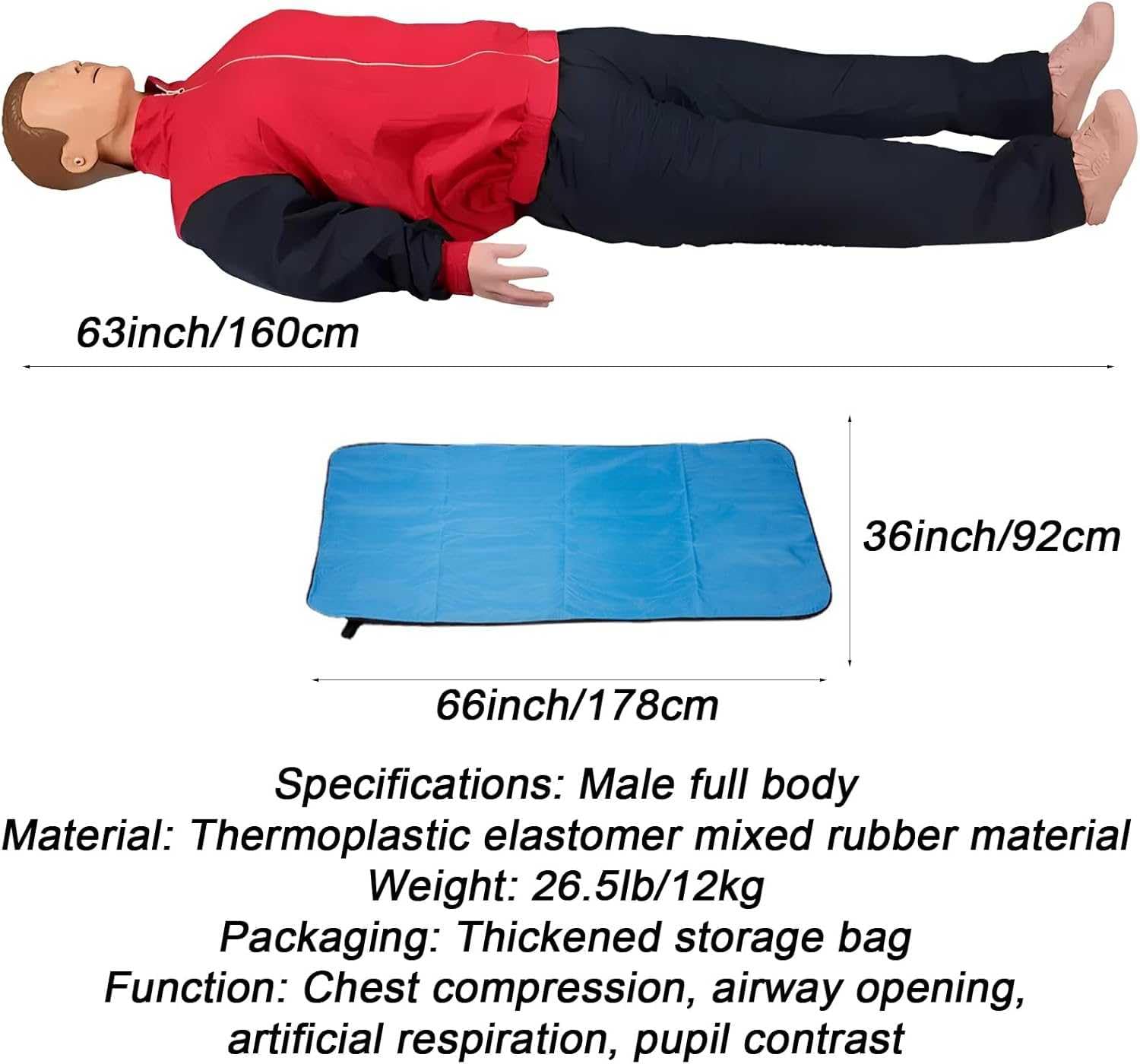 Maniquí RCP de Cuerpo Completo para Entrenamiento - Muñeco de Reanimación con Piel Facial Reemplazable, 4 Pulmones de Repuesto, 50 Mascarillas y Bolsa de Transporte