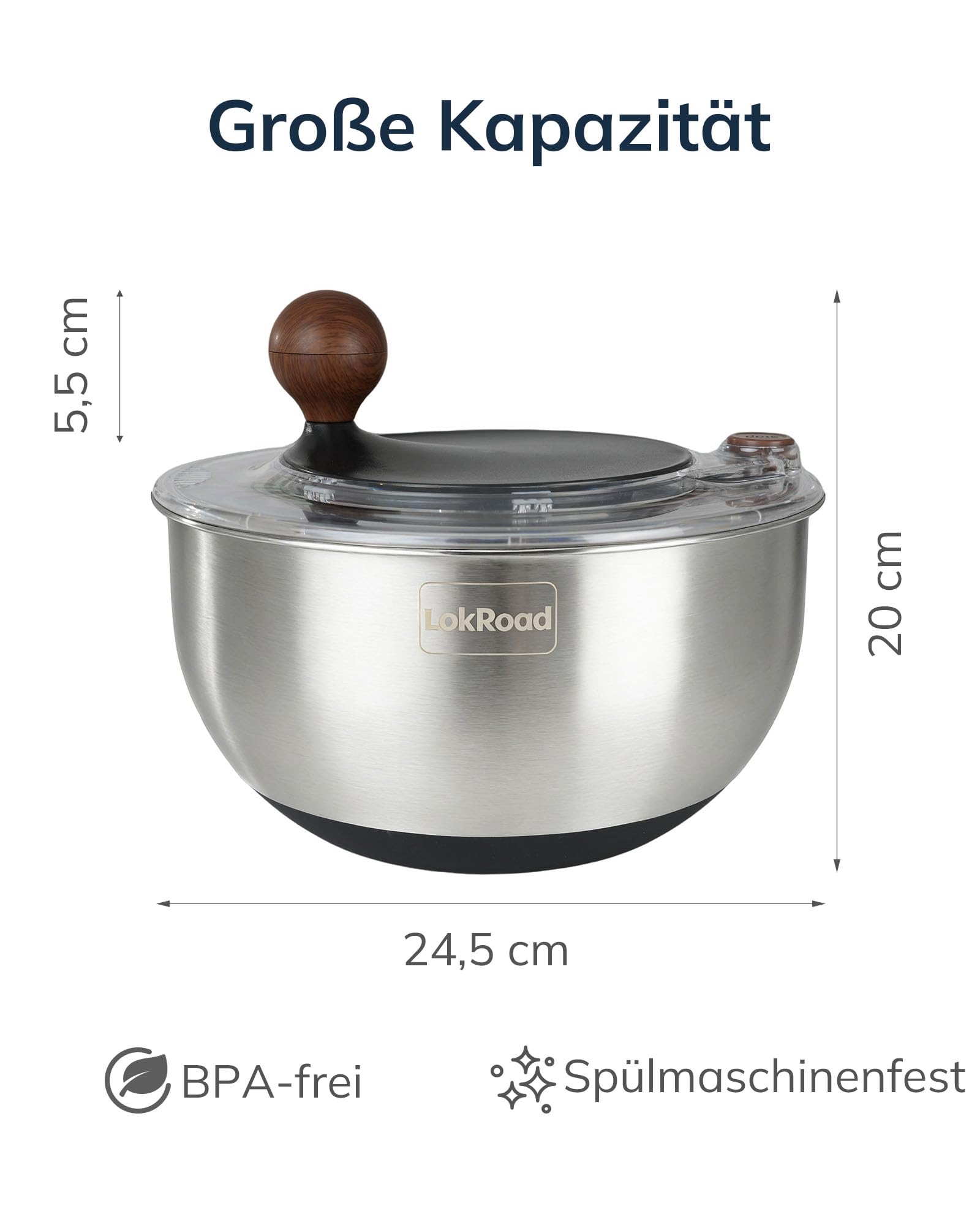 Salatschleuder Edelstahl 18/10 - Salad Spinner mit Rutschfester Boden & Stopptaste, Salat Schleuder, BPA-frei & Spülmaschinenfest, 5L Groß