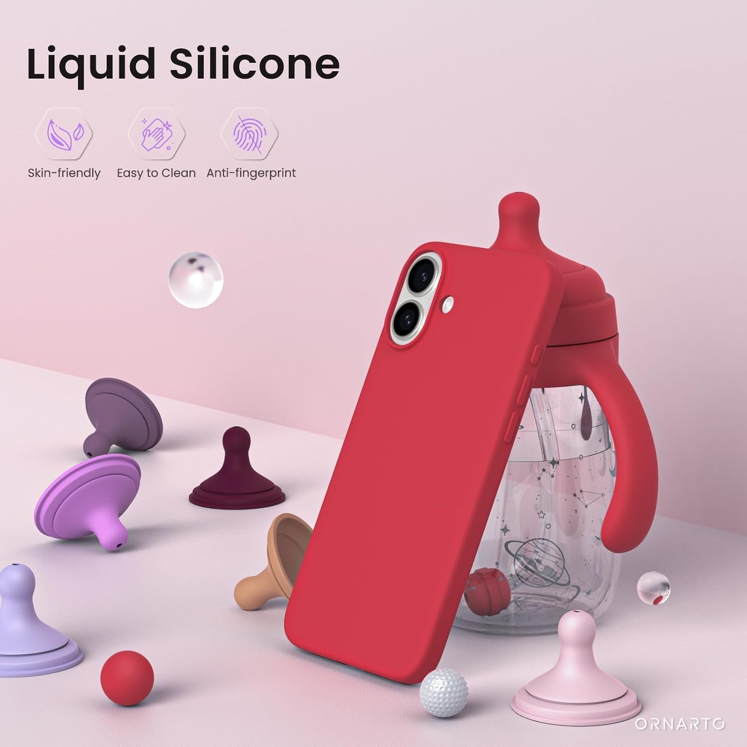 ORNARTO Compatible with iPhone 16 Plus Case 6.7, Slim Liquid Silicone 3 Layers Full Covered Soft Gel Rubber Phone Case Protective Cover 6.7 Inch, Red thumbnail