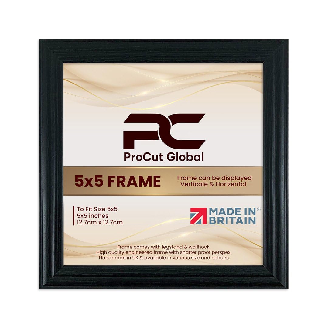 Procut Global 5X5 Black Picture Frames - Classic Wooden Photo Frame with Shatterproof Perspex for Wall or Tabletop - Perfect for Posters, Certificates & Prints - Sizes & Colors Available