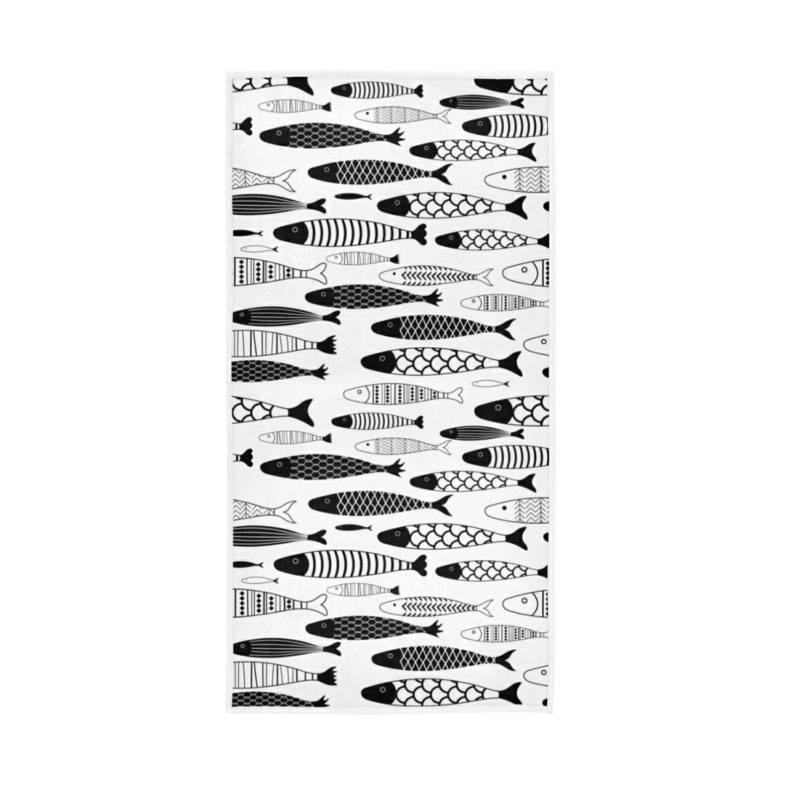 LSRCPD Seamless Geometric Dark White Fishes Tribal Ethnic Style Soft Hand Bath Towel 30" x 15" Thin Fast Drying Absorbent Soft Towels for Kitchen Gym Spa Hotel Beach