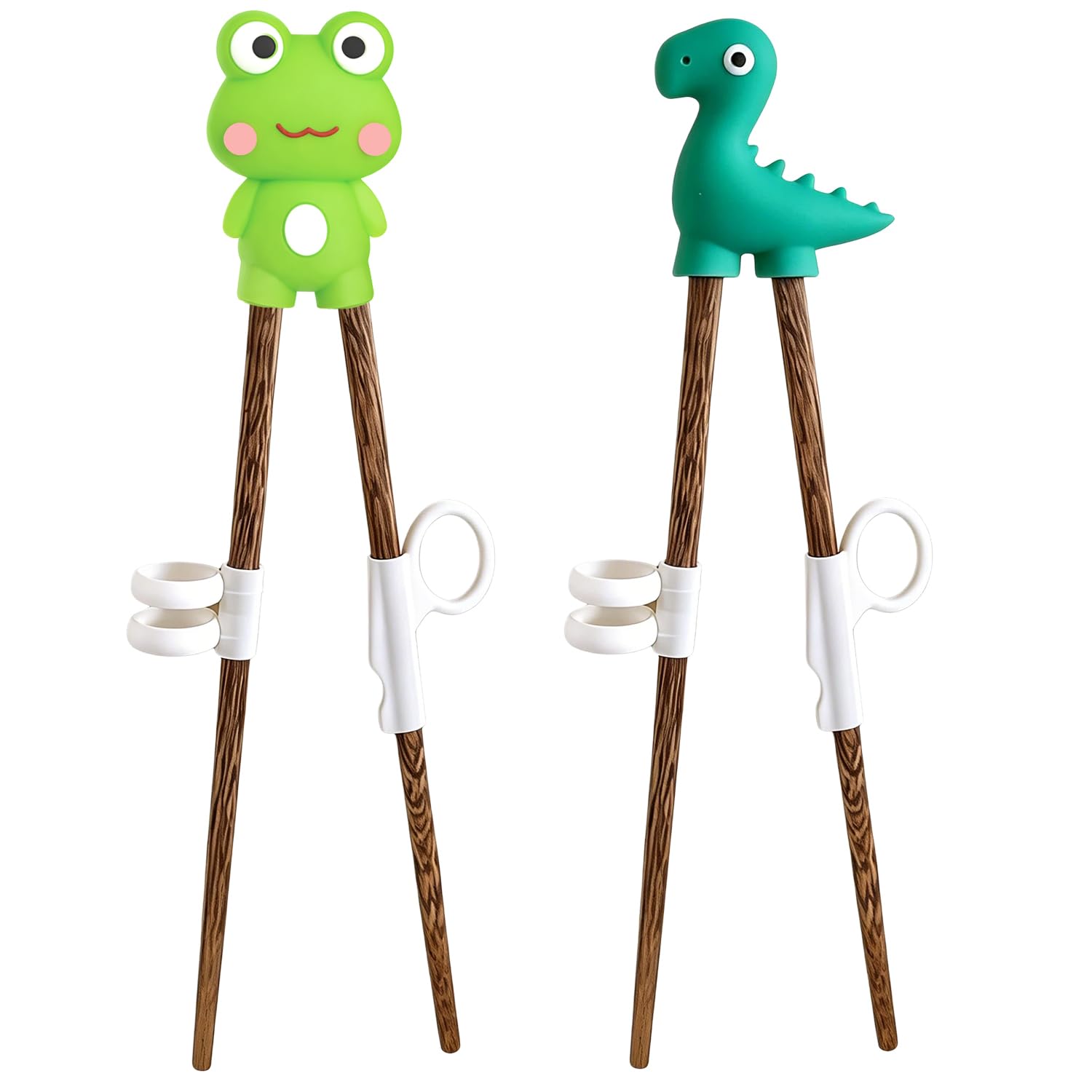 CENCERY 2 Pcs Kids Chopsticks, 18cm Wood Training Chopsticks with 3-Finger Helper, BPA-Free Beginner Chop Sticks for Toddlers 1-8 Years (Frog/Dinosaur)