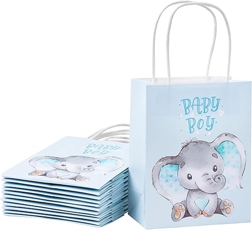 WRAPAHOLIC Paquete de 12 bolsas de regalo pequeñas de papel kraft de 7 pulgadas para bebé, adorable diseño de elefante azul para baby shower,