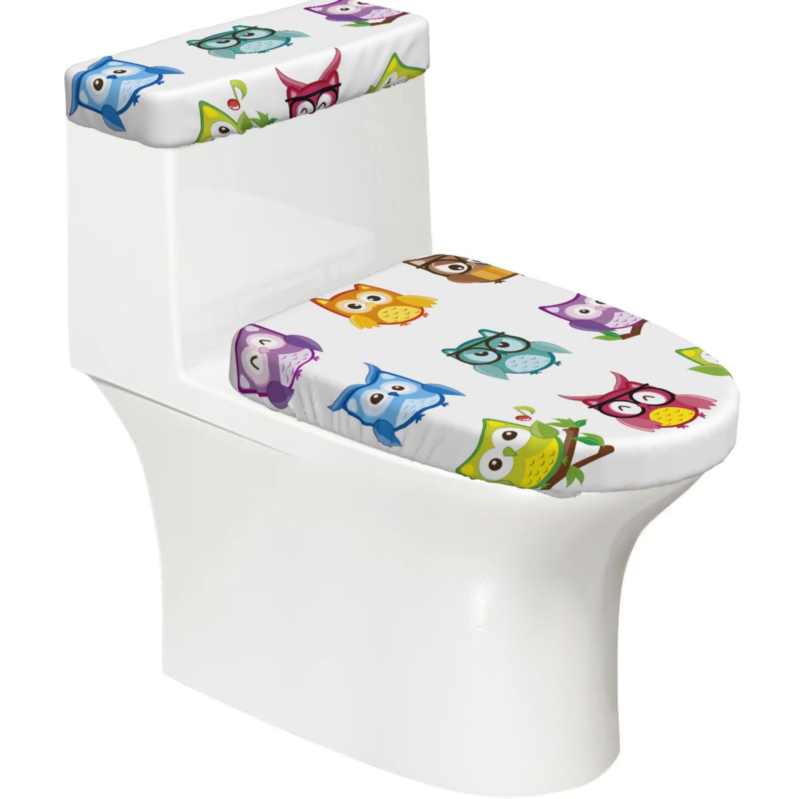 Owls Birds 2-Piece Toilet Seat Cover Set with Tank Lid - Elastic for U-Shape & Elongated - Bathroom Decor