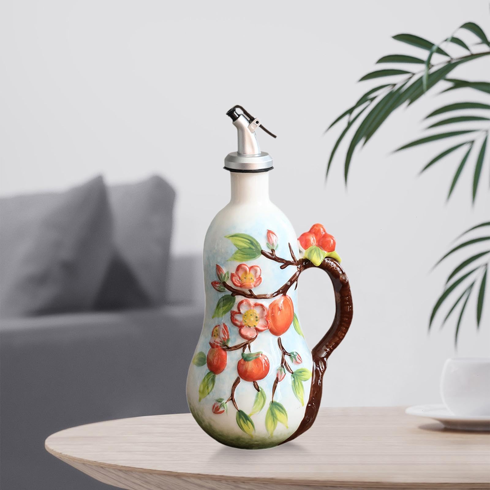 Ölspenderflasche Essigspender Vorratsbehälter Gewürzglas Tropffreier Ausgießer Servierdeckel Handbemalt für Kochbereich Esszimmer Gastronomie, Persimmon