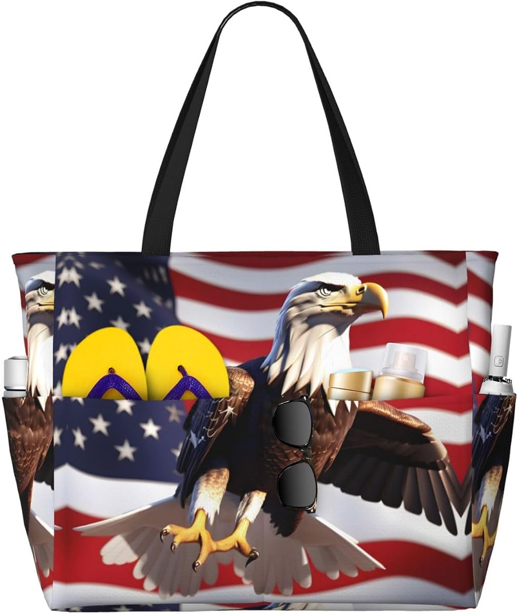 SSIMOO Bolsa De Playa De Viaje Espaciosa con Estampado De Águila Calva Y Bandera Americana, Bolsa De Playa Versátil Antiarena, para Todas Sus Necesidades, Negro