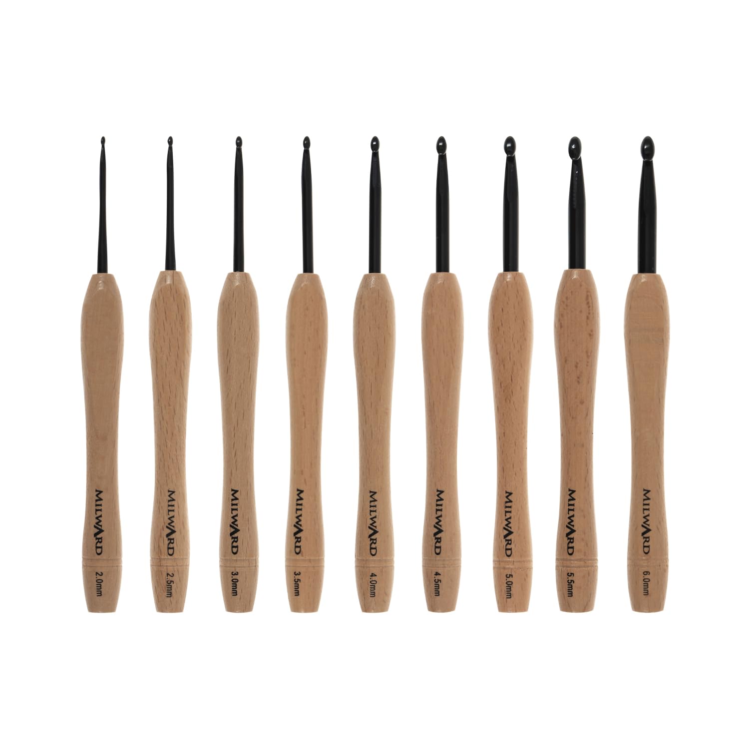 Milward Ensemble de crochets � Poign�es en h�tre lisse, crochets en aluminium, 2, 2,5, 3, 3,5, 4, 4,5, 5,5 et 6 mm, 100% coton, �tui rigide � fermeture �clair, gris