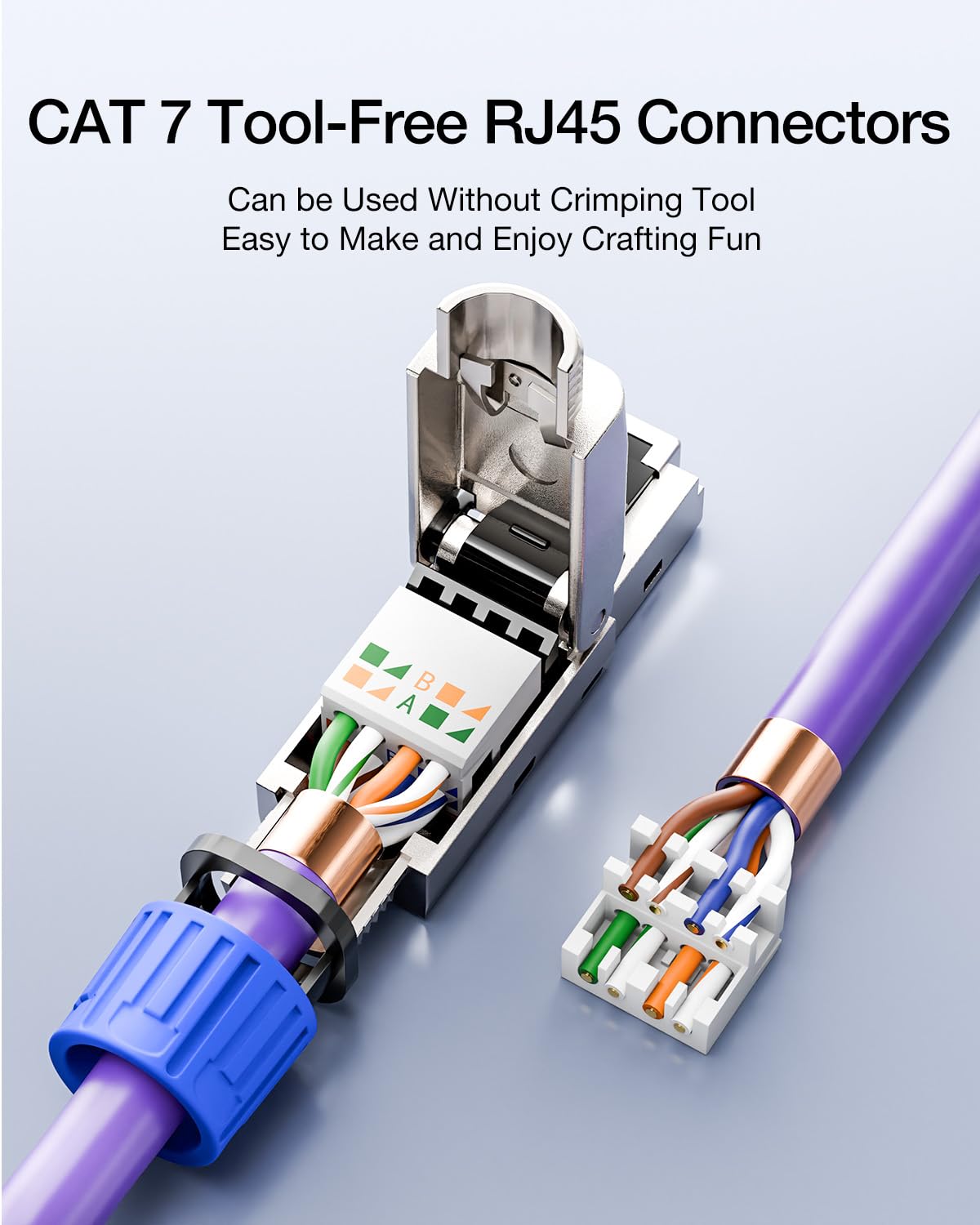 An exploded view of the VCELINK Cat7 tool-free RJ45 connector showing the internal components, including the wire organizer and the hinged metal casing, with a purple Ethernet cable being prepared for termination.