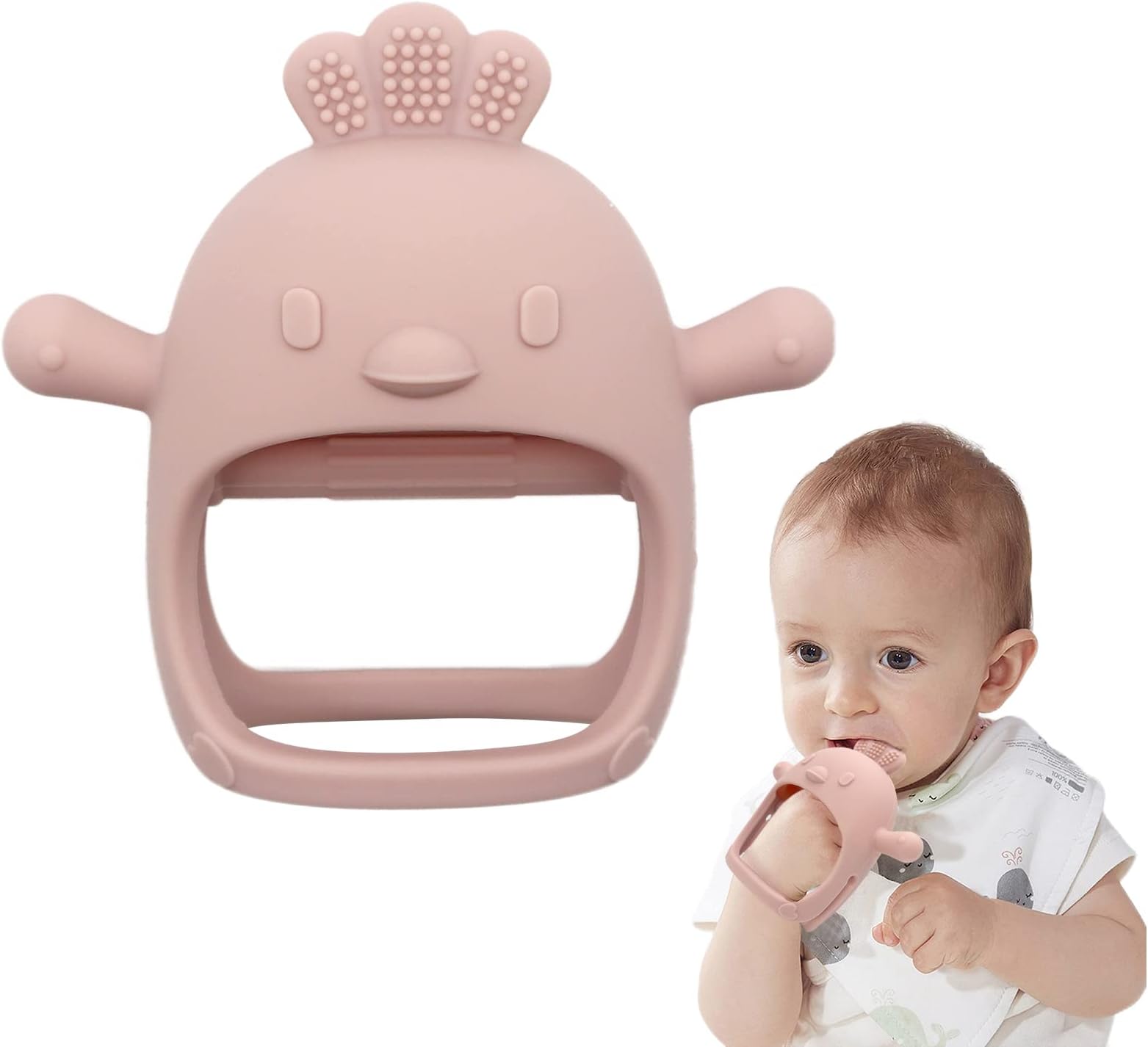 Chick Shape Baby Teething Toys, Never Drop Hand Wrist Teether, Baby Chew Toys for Sucking Needs, Food-Grade Silicone Baby Mitten Teether for Soothing Teething Pain Relief, Easy to Grip(Light Pink)