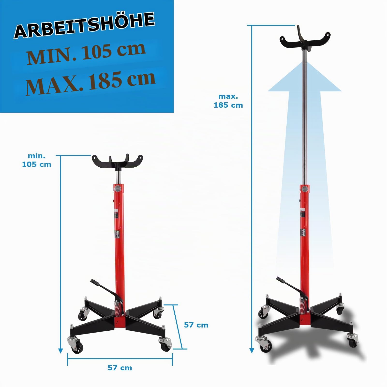 Bituxx Hydraulischer Getriebeheber Werkstatt Hydraulikheber Höhenverstellbar Getriebewechsel PKW KFZ 500Kg 105-185cm Rot
