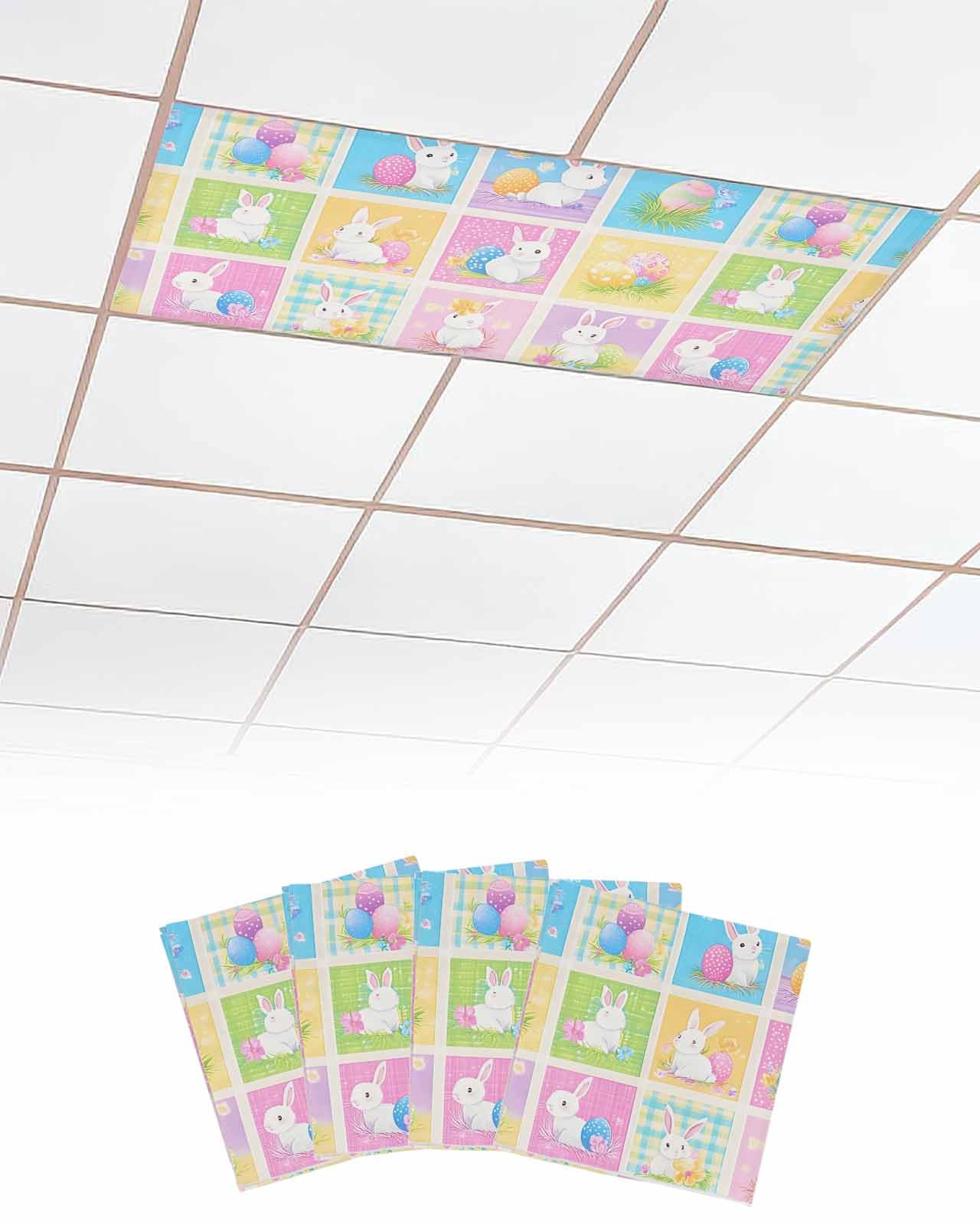 EwdeWwo Easter 4 Pcs Fluorescent Light Covers for Ceiling Lights, Cute Rabbit and Eggs Stitched Plaid Magnetic Light Filters for Eliminate Harsh Glare Classroom Office Decoration, 4 x 2 Ft