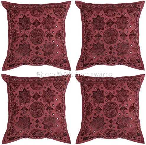 Ethnic Decorative Accent Throw Pillow Covers 16 Inch Cotton Mirrored Embroidered Boho Square Sofa Cushion Covers (Size - 40x40 cm ; Color: Maroon) - Set of 4 Pcs (Cover Only)